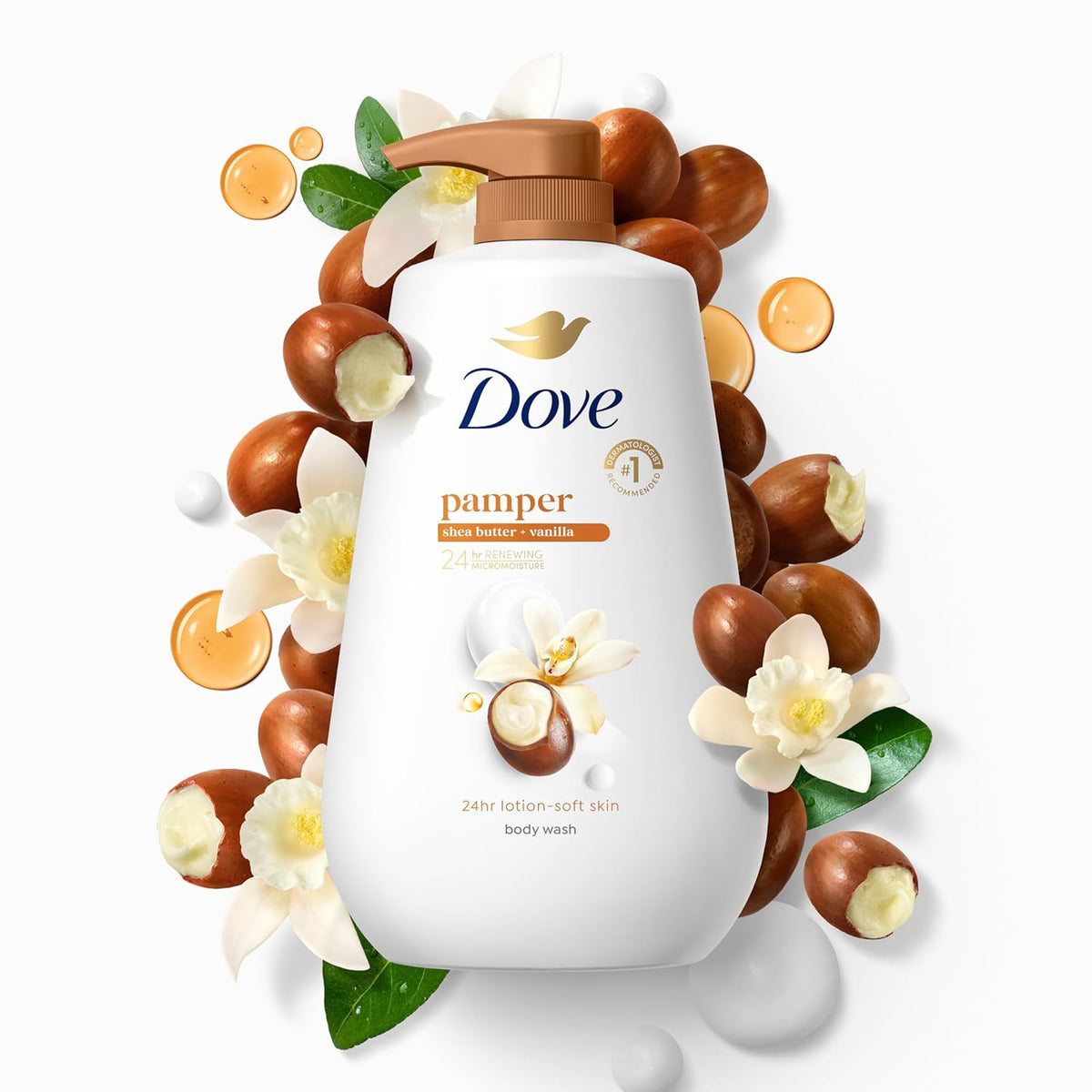 Dove Body Wash with Pump Pamper Shea Butter & Vanilla for 24hr Lotion-Soft Skin Moisturizing Skin Cleanser with No Sulfates No Parabens 30.6 oz