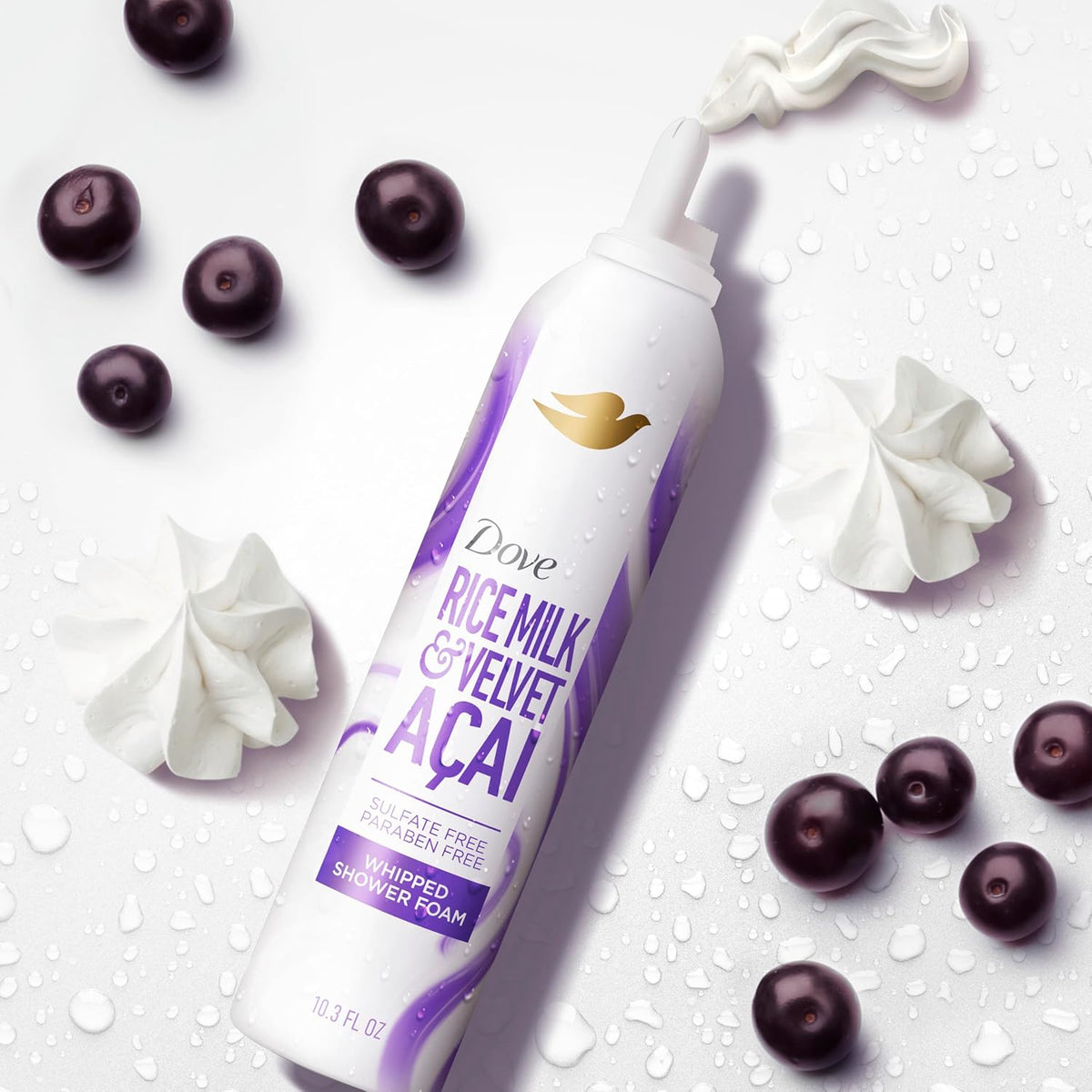Dove Whipped Shower Foam for Women Rice Milk & Velvet Açaí for Hydrated & Soft Skin 10.3 FO