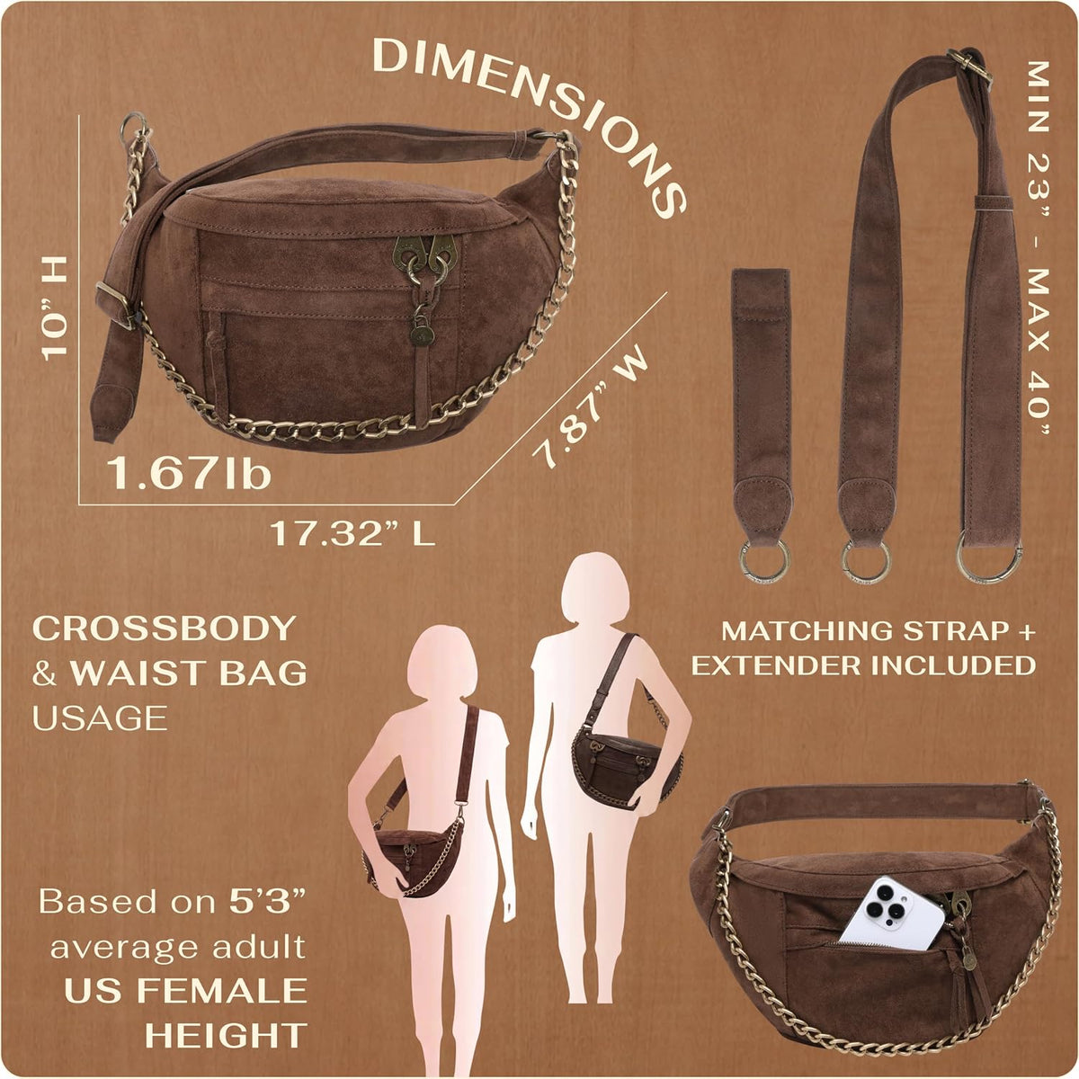 Anti Pickpocket Crossbody Large Vegan Dark Brown Suede Sling Bag RFID & Glasses Pockets, Adjustable Strap, Anti Theft Design, Multiple Compartments, Chain Detail Travel Crossbody Bag for Women