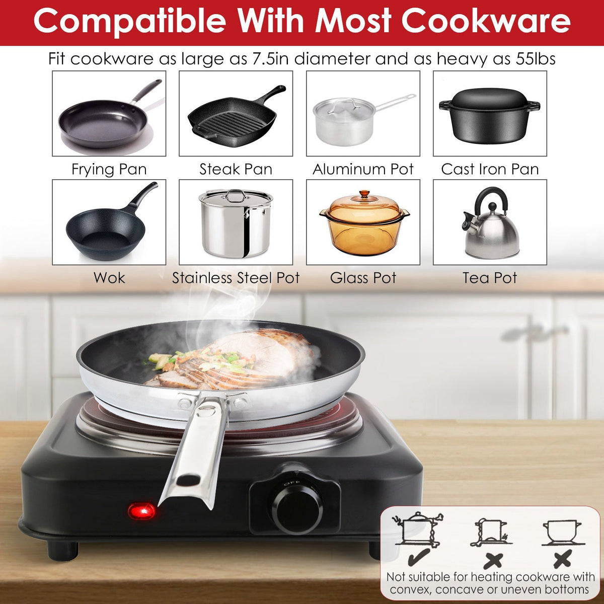1200W Electric Infrared Single Burner Portable Heating Hot Plate Stove Countertop RV Hotplate with 7.5Ó Glass Cooktop Stepless Temperature Adjustments