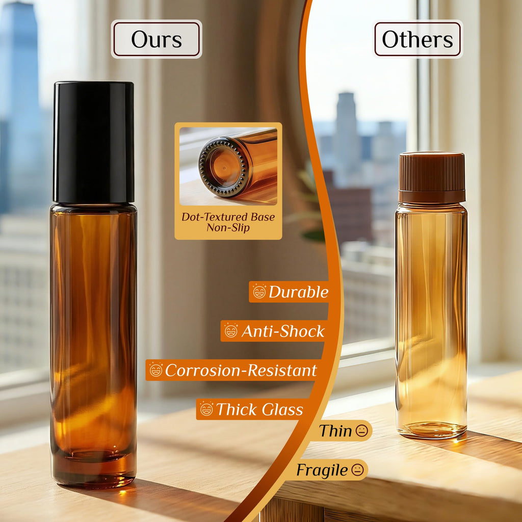 PrettyCare 4 Pack Amber Glass Oil Roller Bottles for Essential Oils 10ml, Roll On Bottles with Stainless Steel Roller Ball Leak-Proof Perfume Travel Refillable Bottle Empty, Beauty & Personal Care