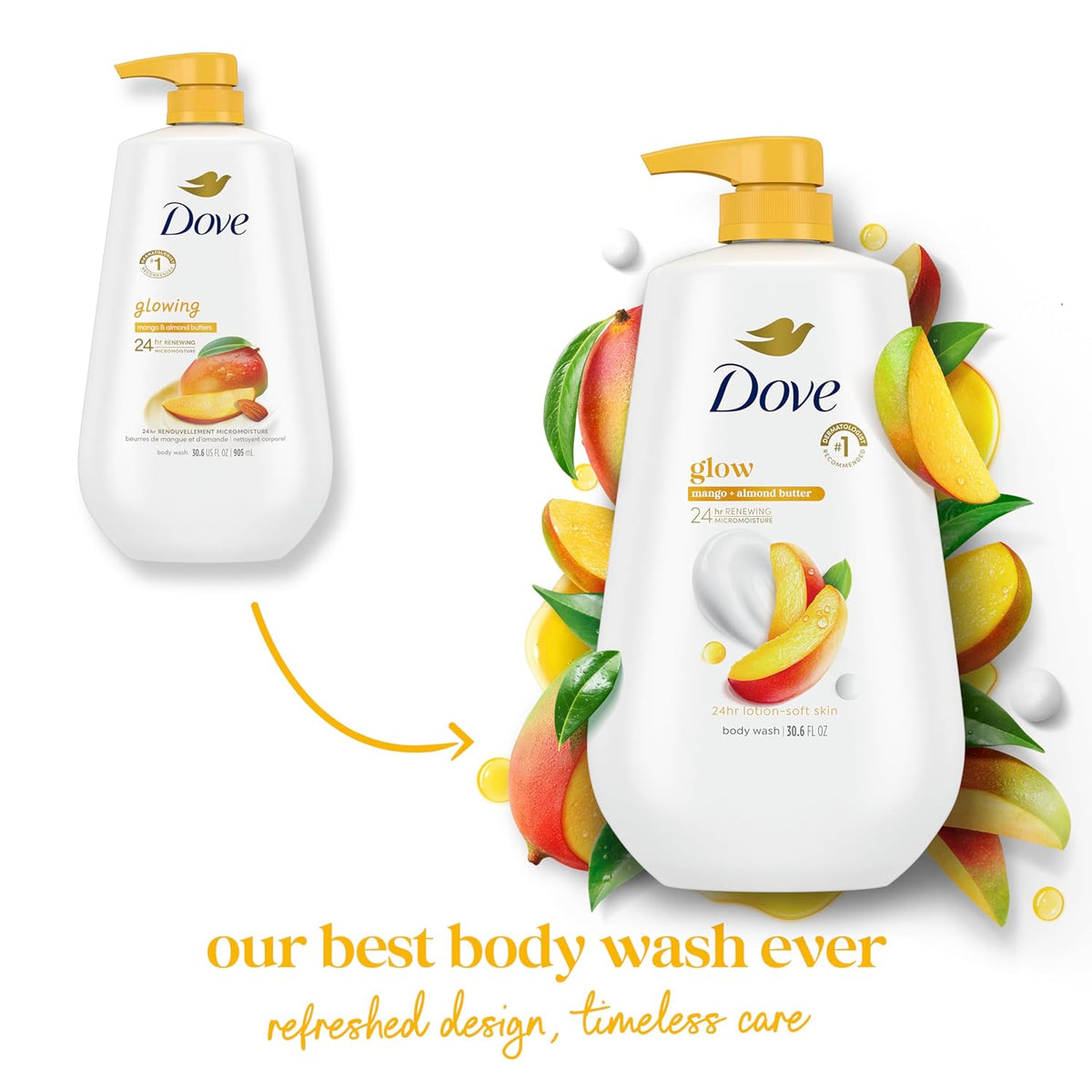 Dove Body Wash with Pump 3 Count Glowing Mango & Almond Butter for Renewed, Healthy-Looking Skin Gentle Skin Cleanser with 24hr Renewing MicroMoisture 30.6 oz