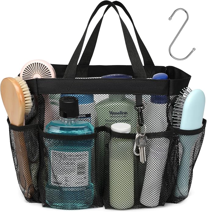 F-color Mesh Shower Caddy Portable, Upgrade Deeper 7 Pockets Shower Bag Basket Tote for College Dorm Room Toiletry Bathroom Essentials Gym Camp Quick Dry 2 handles with S Hook, Black