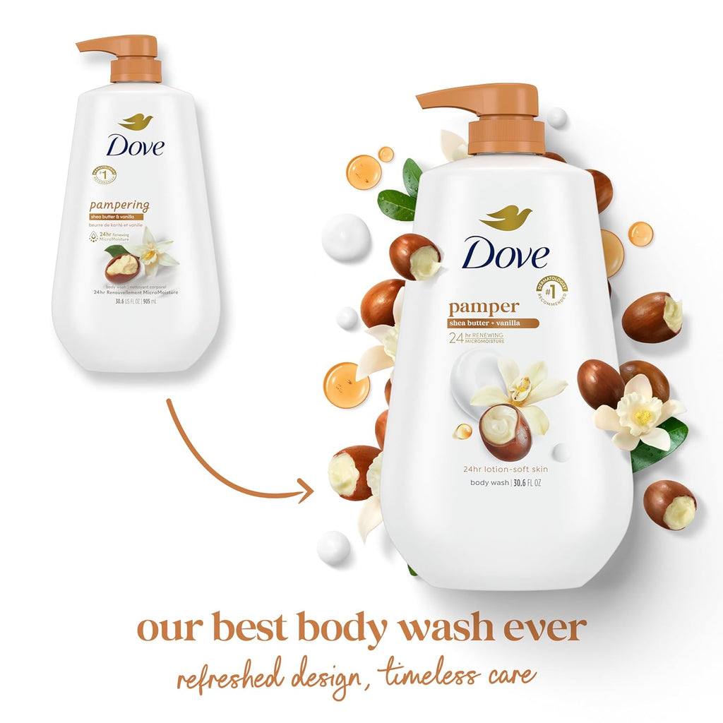 Dove Body Wash with Pump Pamper Shea Butter & Vanilla for 24hr Lotion-Soft Skin Moisturizing Skin Cleanser with No Sulfates No Parabens 30.6 oz