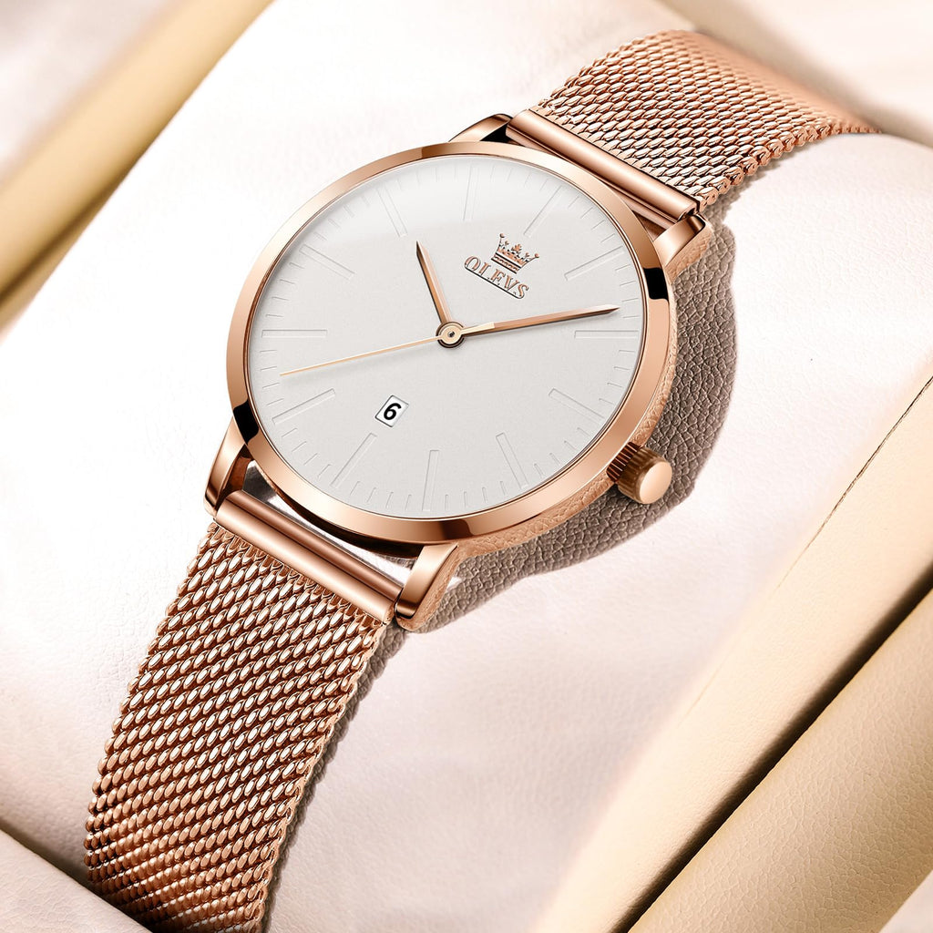 OLEVS Women's Mesh Bracelet Watch, Elegant Large Face Three Hand Analog Quartz Womens Wristwatch, Pretty Slim Date Display Waterproof Ladies Watches for Small Wrists