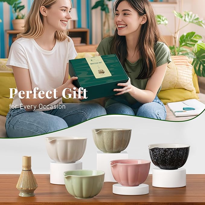 Matcha Whisk Set,7 PCS Ceramic Matcha Kit Includes Matcha Bowl with Spout, Matcha Whisk and Holder, Bamboo Scoop, Stainless Sifter, Towel, Unique Gift for Matcha Lovers (Matcha Green)