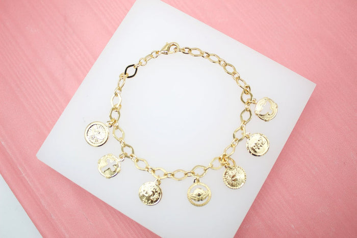 18K Gold Filled Christian Coin Religious Charm Bracelet  (I57B)