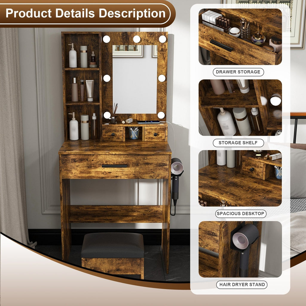 Vanity Desk Set with LED Lighted Mirror & Padded Stool