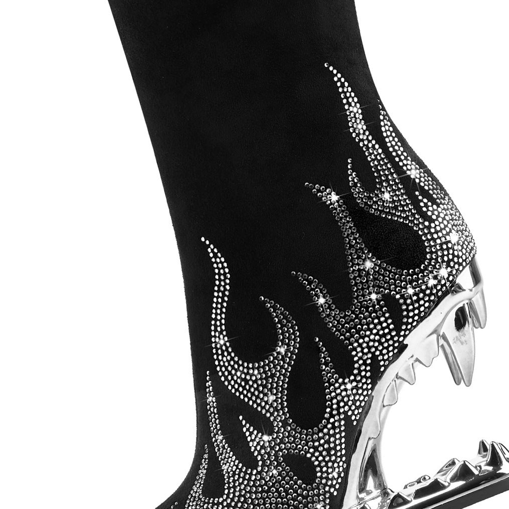 Rhinestone Flame Stretch Boots Tiger Tooth Heel