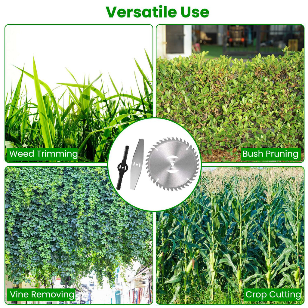 14Pcs Grass Trimmer Blades Accessories Weed Cutter Attachments 10Pcs 5.35In Plastic Blades 3Pcs 6In Stainless Steel Blades 1Pc 4In/6In Alloy Saw Blade