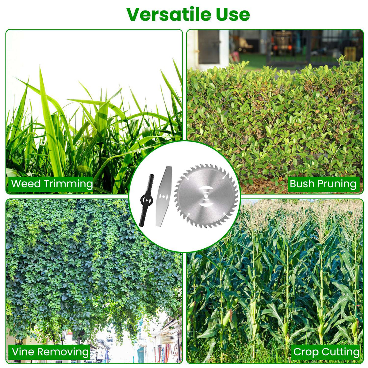 14Pcs Grass Trimmer Blades Accessories Weed Cutter Attachments 10Pcs 5.35In Plastic Blades 3Pcs 6In Stainless Steel Blades 1Pc 4In/6In Alloy Saw Blade