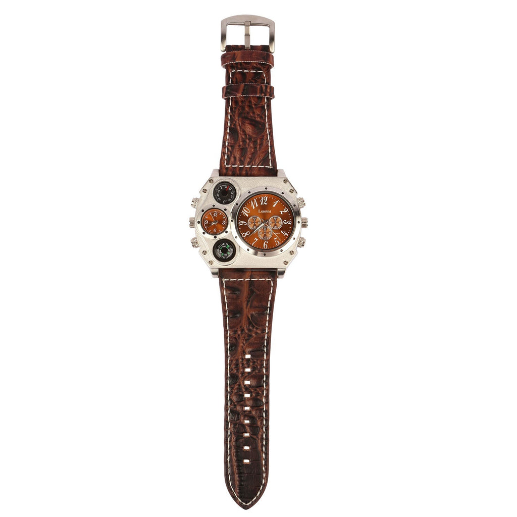 MenÕs Quartz Watch Two Time Zone Big Face Military Style Compass Thermometer Decorative Dial PU Leather Strap