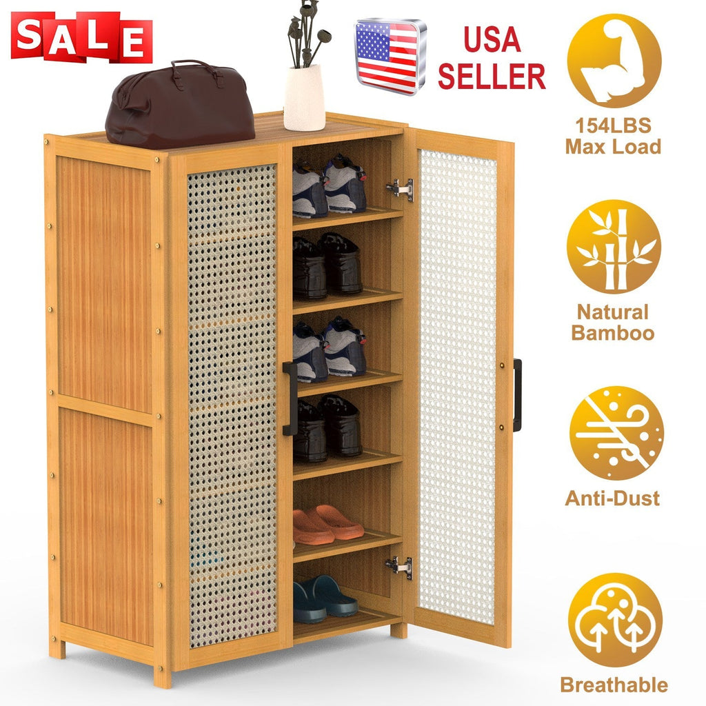 6-Tier Shoe CabinetÊwith Bamboo Shoe Rack Freestanding Shoe Organizer with 2 Hollow Doors and Handles 154lbs Max Load for Closet Hallway Living Room