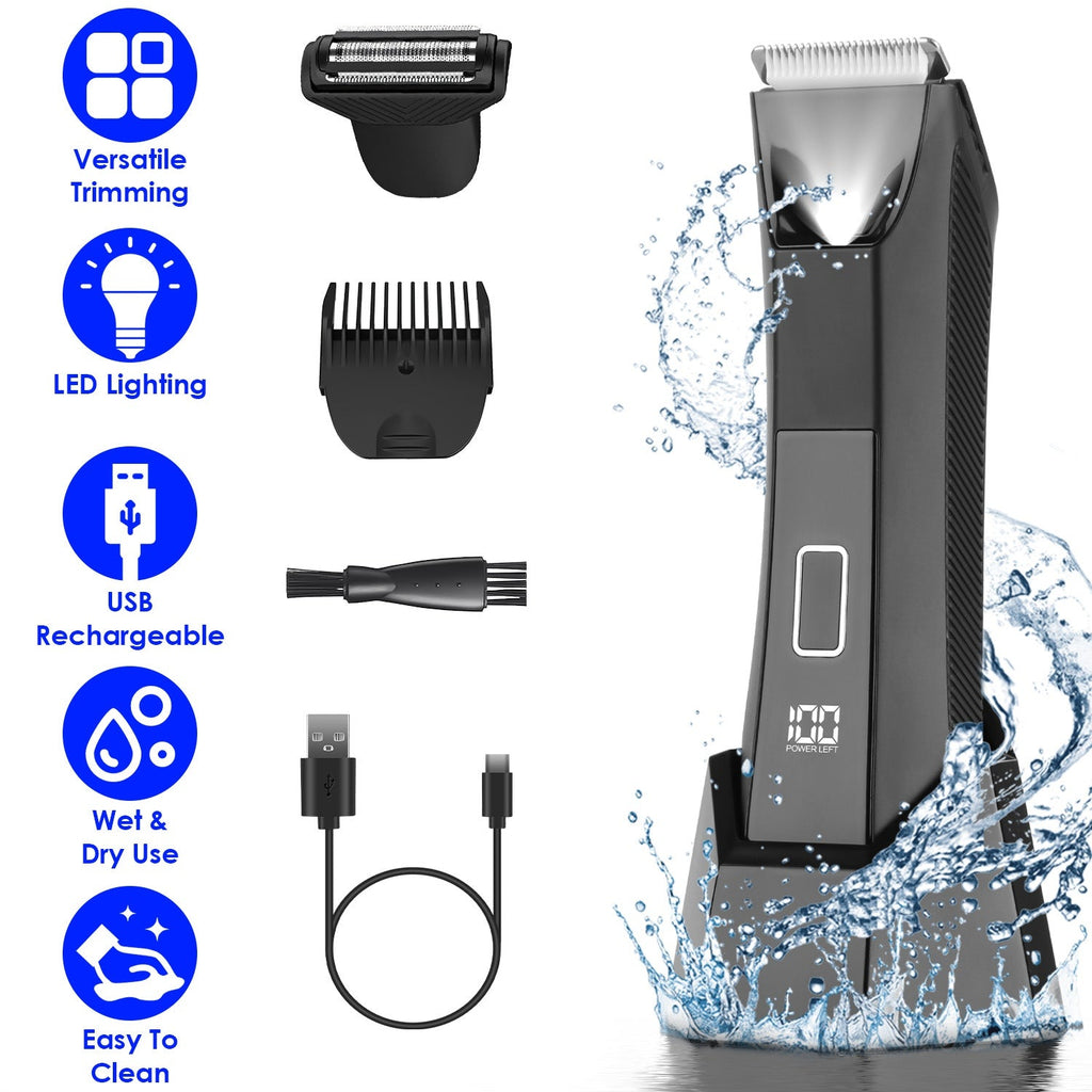 2 In 1 Electric Body Trimmer for Men Cordless Beard Groin Ball Pubic Hair Shaver IPX7 Waterproof Razor with LED Light LCD Display Guard Comb Shaving H