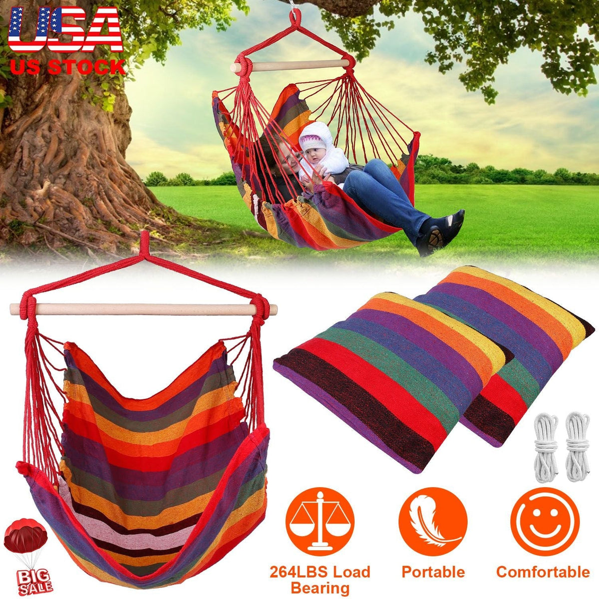 Hammock Hanging Chair Canvas Porch Patio Swing Seat Portable Camping Rope Seat Wooden Stick Hammock Chair with 2 Pillows 265LBS Load-bearing
