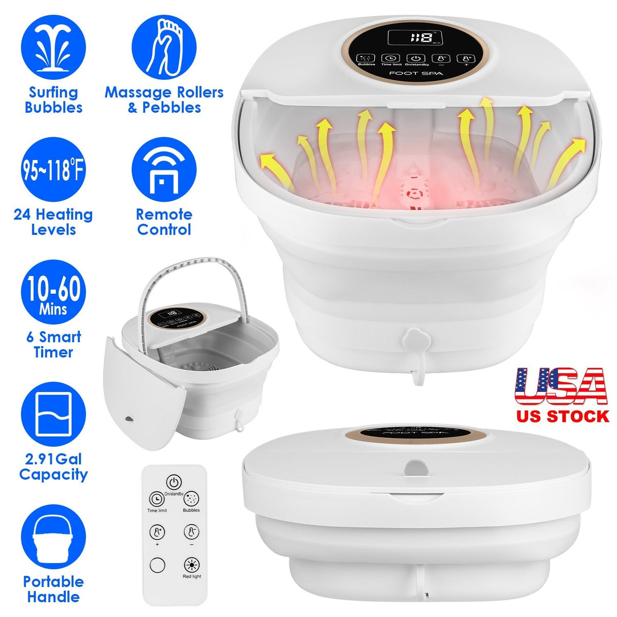 Collapsible Foot Spa Massager Electric Foldable Foot Soaker Tub with Remote Control Handle Surfing Bubbles 24 Heating Levels 6 Timer 6 Massage Rollers