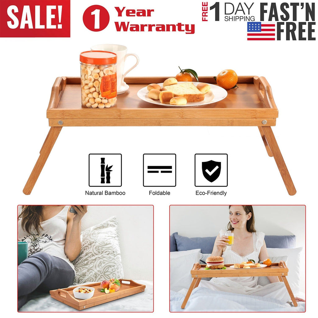 Bed Tray Table Breakfast Tray Bamboo Folding Bed Table Serving Snack Tray Desk with Handles
