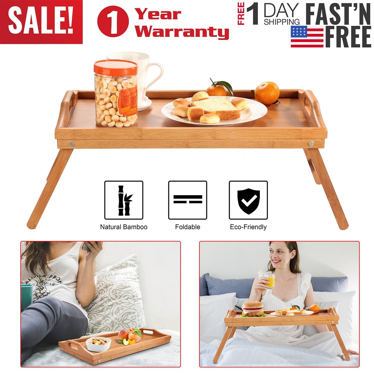 Bed Tray Table Breakfast Tray Bamboo Folding Bed Table Serving Snack Tray Desk with Handles