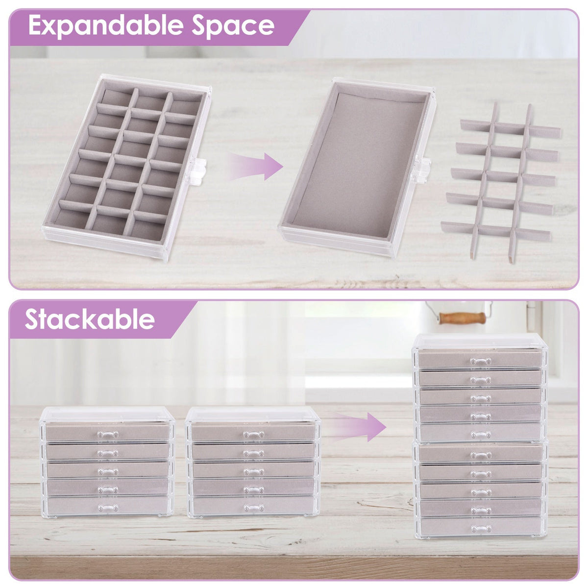 Clear Acrylic Jewelry Box Organizer with 5 Drawers Stackable Jewelry Holder Velvet Storage Case for Earrings Rings Bracelets Necklaces Ideal Gift for
