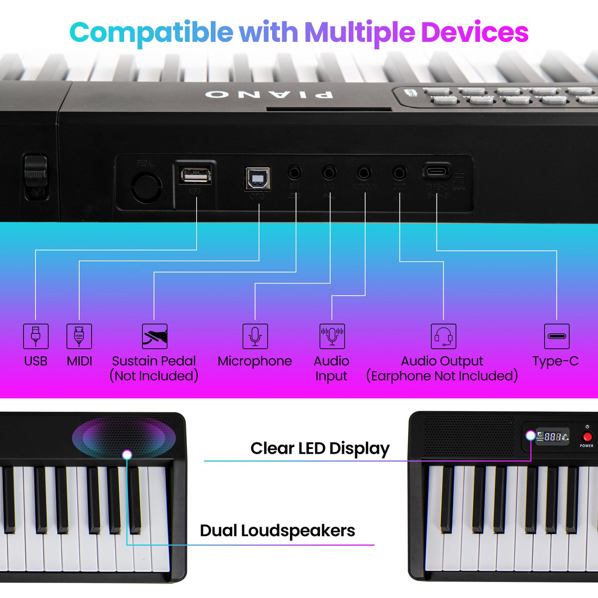 88 Key Foldable Electric Keyboard Piano with Wireless MIDI and Dual Speakers-Black