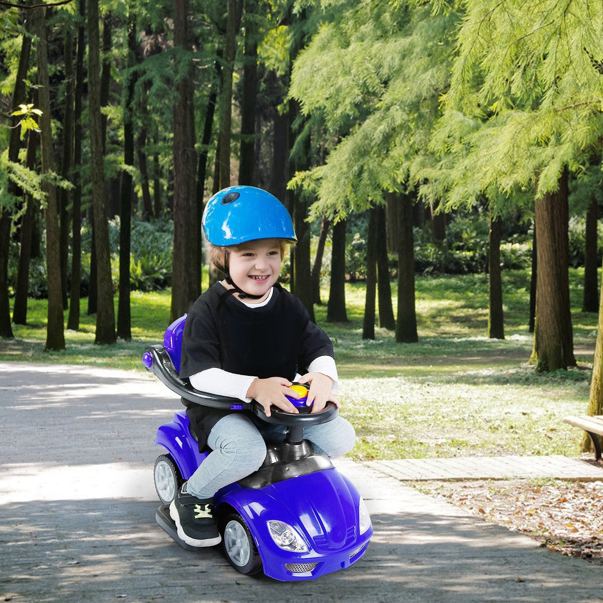 Ride on Push Car 4-Wheel Children Sliding Push Car W/ Colorful Flashing Light Music Handrail Guardrail Push Rod