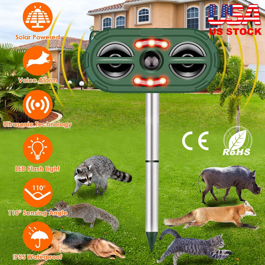 Solar Ultrasonic Animal Repeller Motion Sensor Animal Repellent USB Animal Chaser IP66 Waterproof for Farm Garden Yard to Drive Deer Raccoon Squirrel