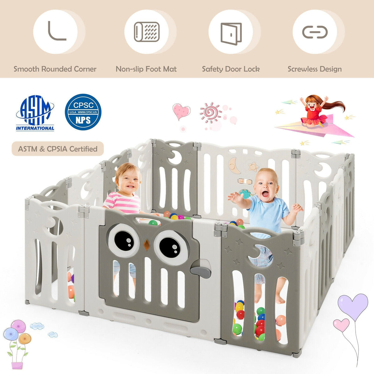 14-Panel Baby Playpen Kids Activity Center Foldable Play Yard with Lock Door-Beige