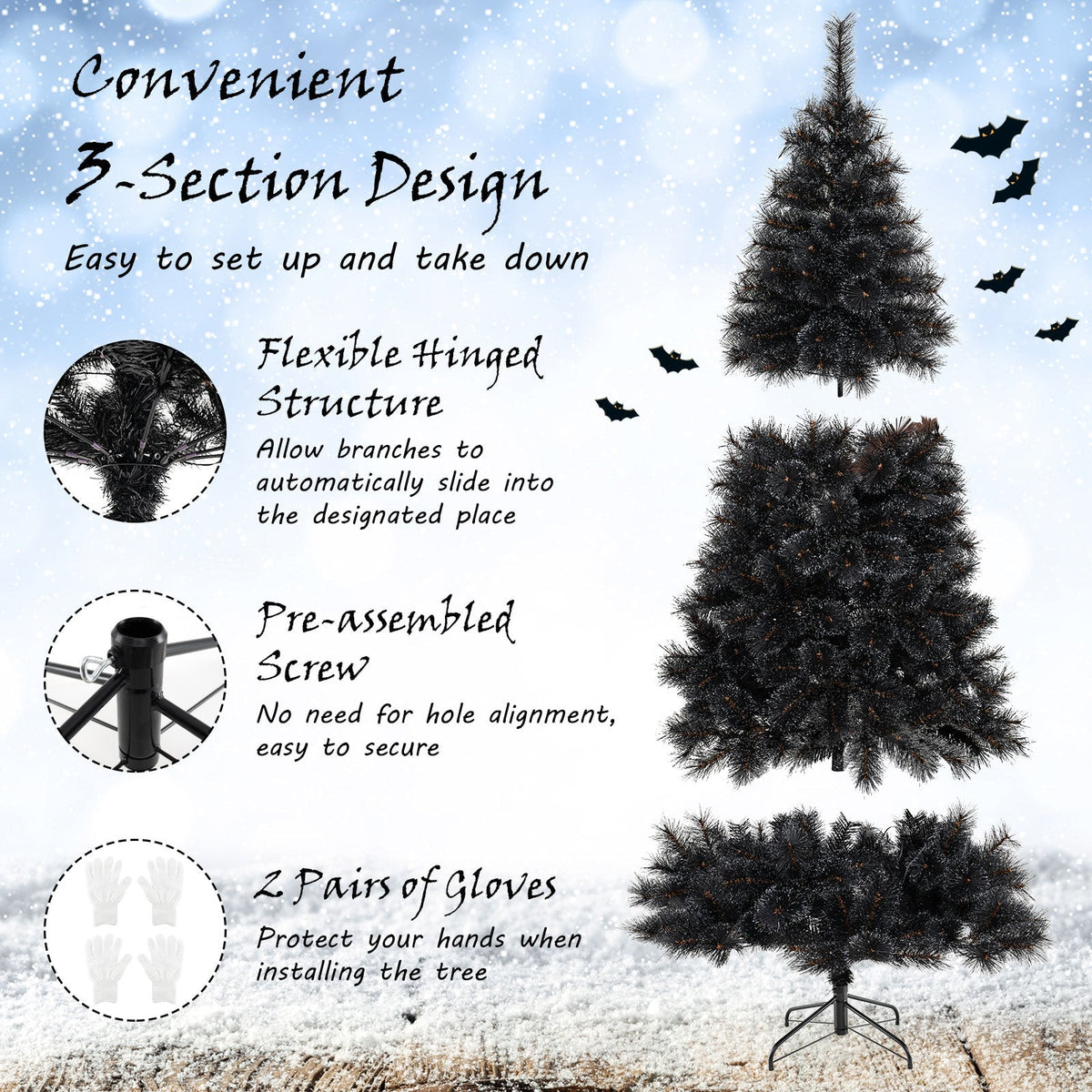 6/7/8 Feet Black Artificial Halloween Christmas Tree with PVC Branch Tips and 210/320/450 Cool White LED Lights
