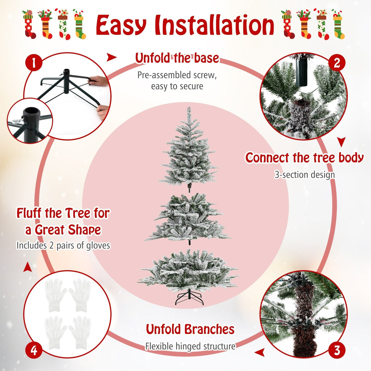 6 Feet Snow Flocked Artificial Christmas Tree with Cool White LED Lights