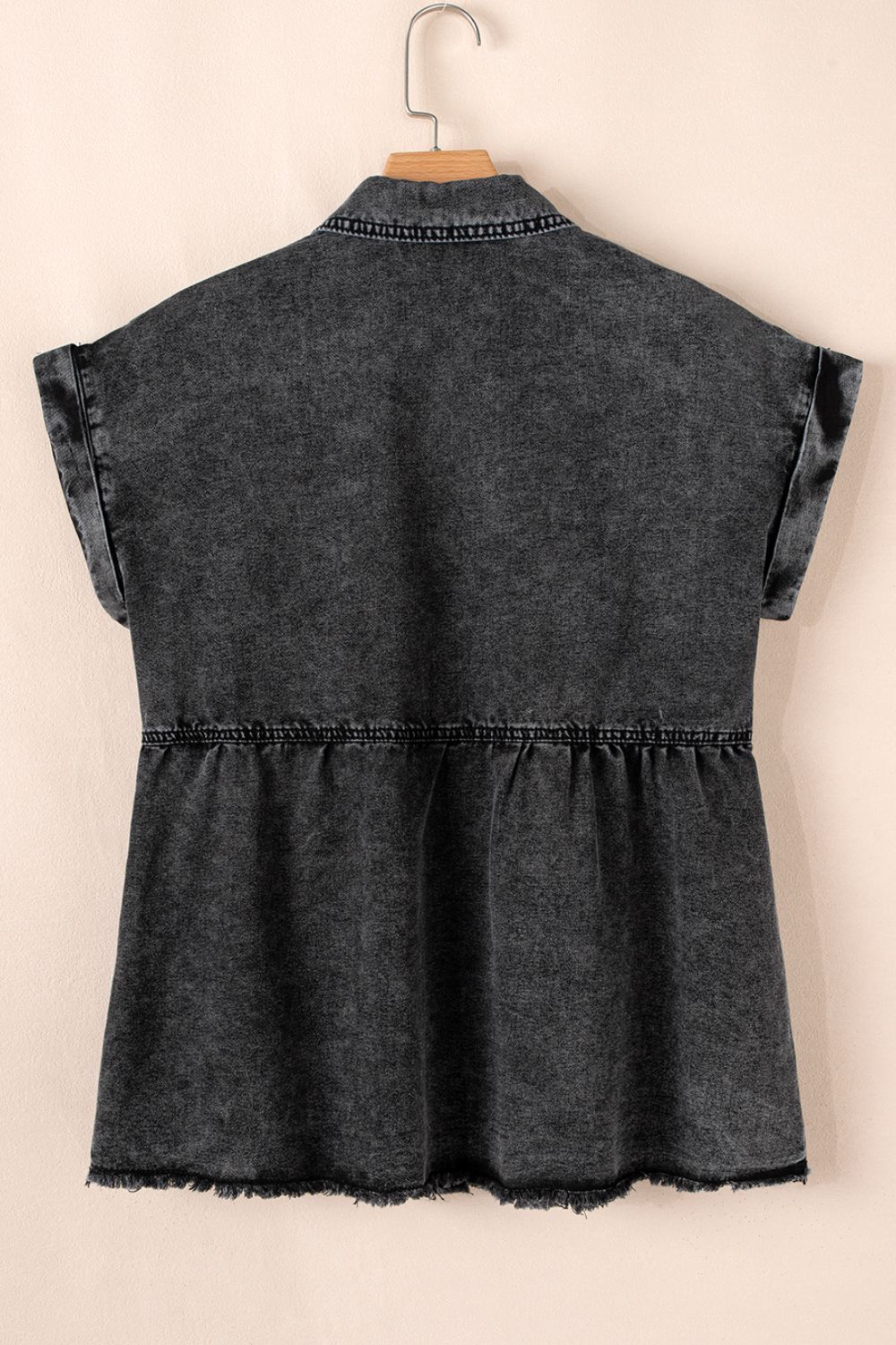 Short Sleeve Flap Pocket Button Up Raw Hem Denim Shirt
