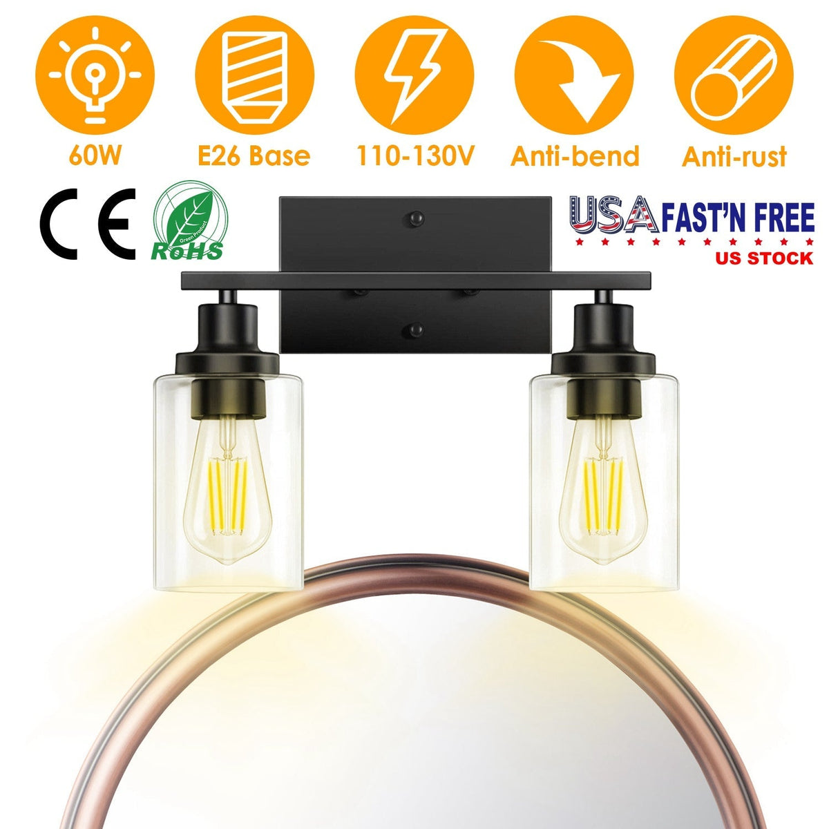2 Light Wall Sconce Lighting with Clear Glass Shade Bathroom Vanity Lamp Fixture Modern Mounted Light for Porch Mirror Living Room Bedroom Hallway