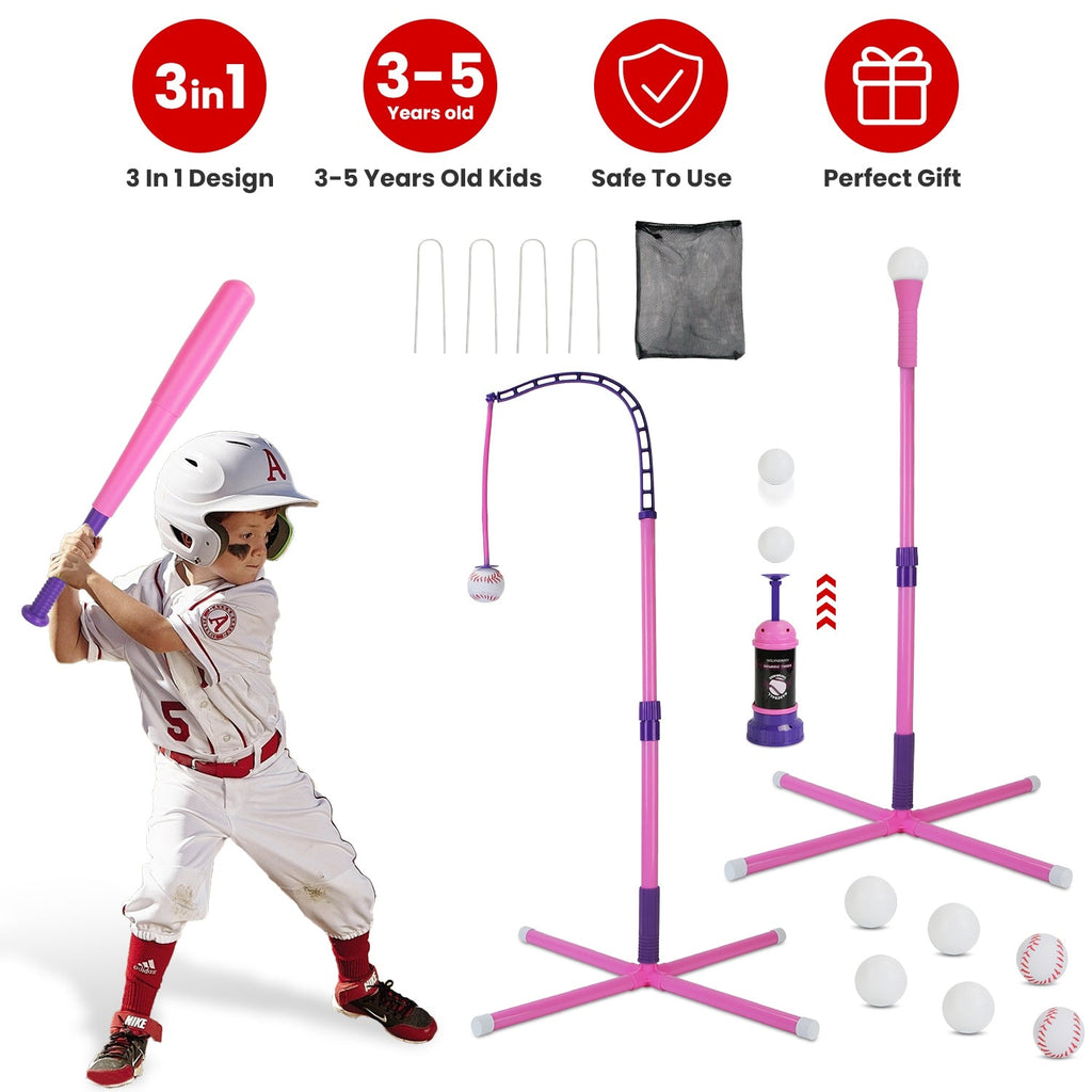 3-In-1 Baseball Toy Set For 3-5Years Old Kids And Toddlers Includes Tee Ball Stand Hanging Tee Automatic Ball Launcher with Adjustable Height For Indo