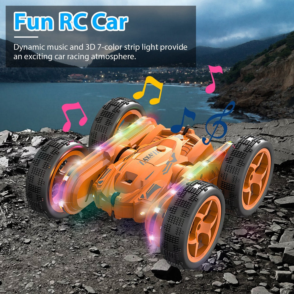 Kid Driving RC Stunt Car 7 Color Strip Light Dynamic Music Swing Arm Double-sided   Rolling Remote Control Car Off Road 2.4GHz 4WD Rechargeable Racing