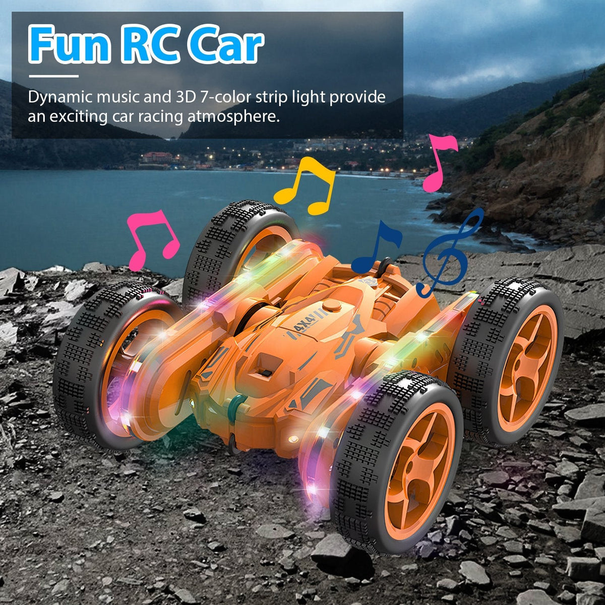 Kid Driving RC Stunt Car 7 Color Strip Light Dynamic Music Swing Arm Double-sided   Rolling Remote Control Car Off Road 2.4GHz 4WD Rechargeable Racing