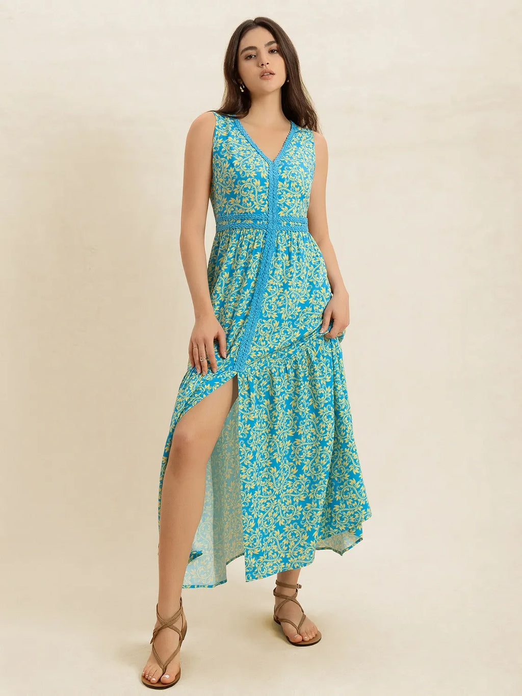 Slit Printed V-Neck Sleeveless Dress