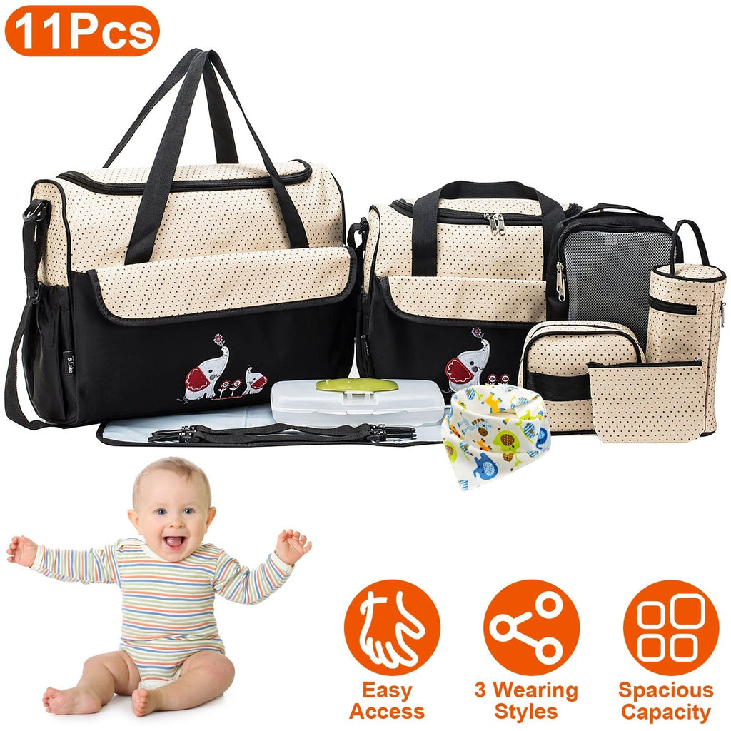 11Pcs Baby Nappy Diaper Bags Set for Mom Dad Mummy Shoulder Bags Multifunctional Diaper Handbags with Food Bag Bottle Bag Diaper Pad Burp Cloth 2 Hook