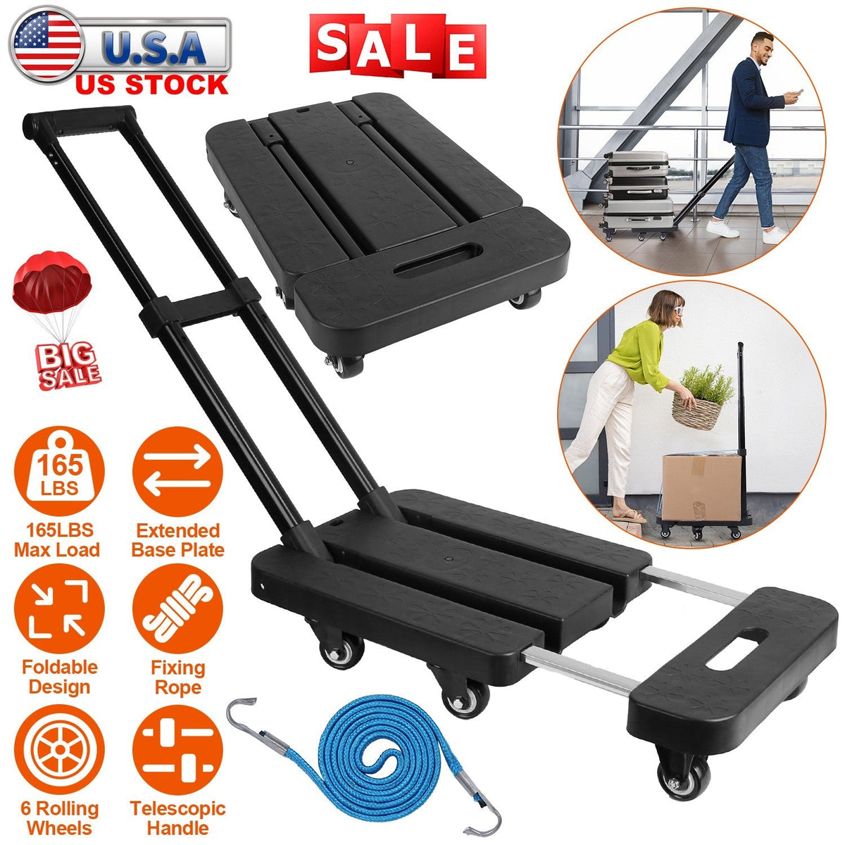 Folding Hand Truck Collapsible 165LBS Heavy Duty Luggage Cart Foldable Utility Dolly Platform Cart with 3-Length Telescopic Handle 6 Wheels 1 Elastic