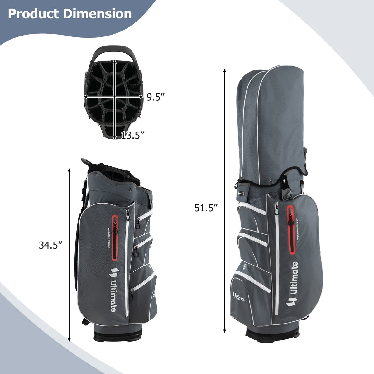 9.5 Inch Lightweight Golf Cart Bag with 15 Way Top Dividers