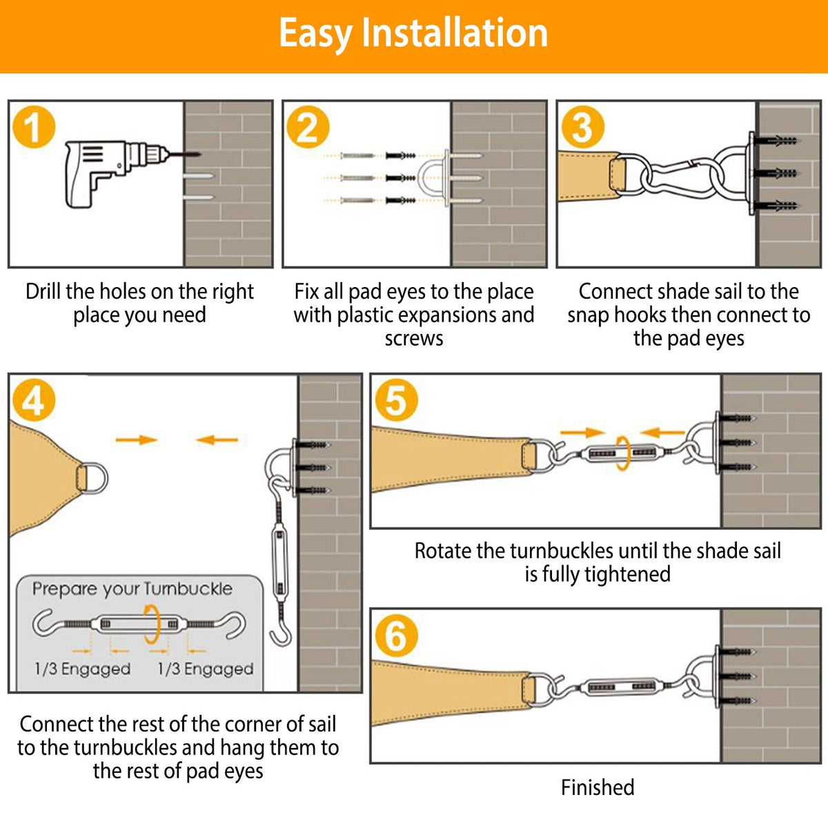 Sun Shade Sail Hardware Kit Stainless Steel Canopy Installation Kit Fixing Accessory for Rectangular Square Shade Sail Installation