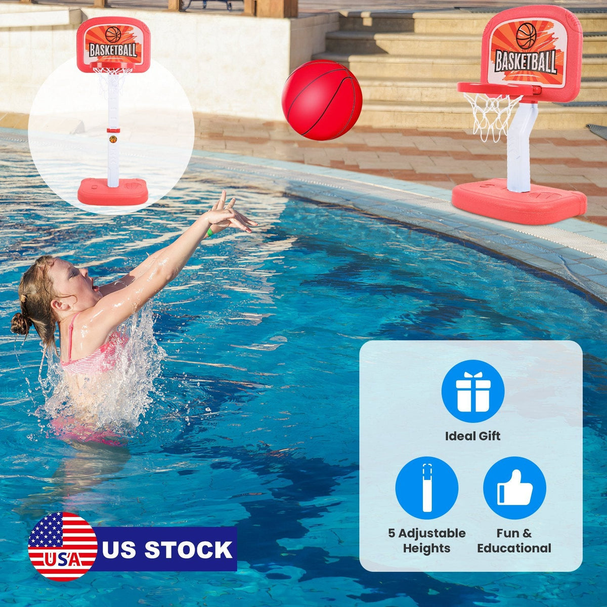 2 In 1 Poolside Basketball Game Set Pool Basketball Goal Indoor Outdoor Kids Basketball Court Water Basketball Toy with 2 Balls Gift for Boys Girls Ag