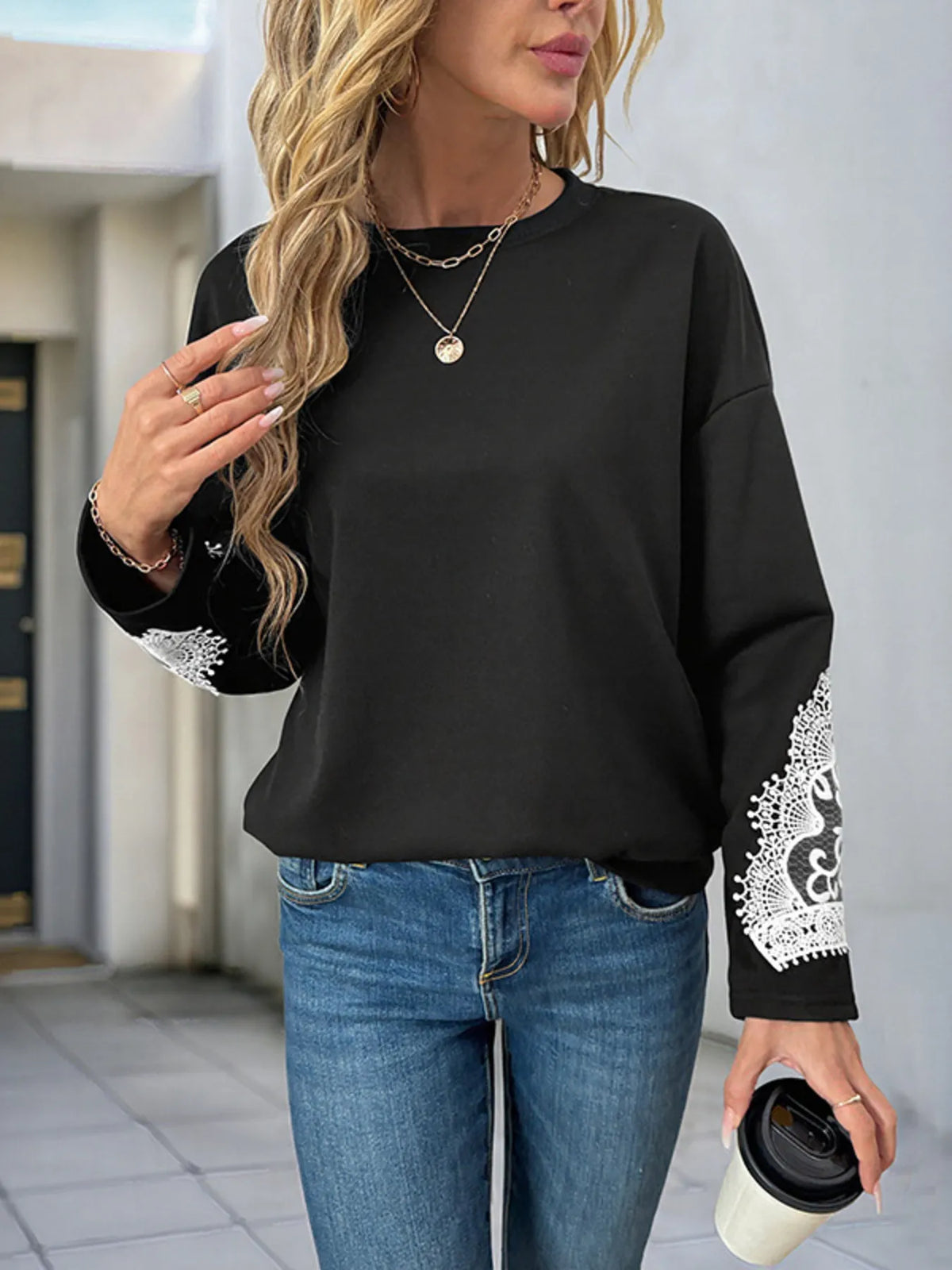 Lace Detail Long Sleeve Sweatshirt