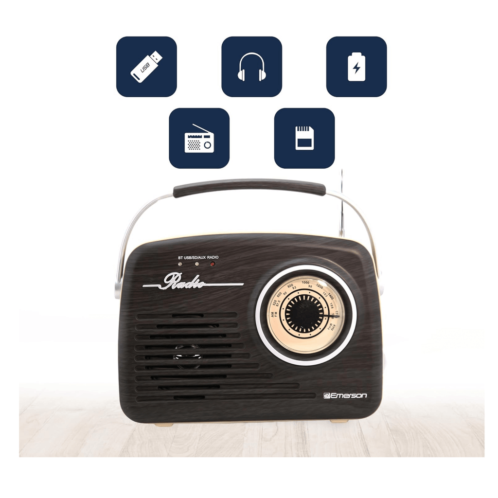 Emerson Portable Retro Radio with Built-In Rechargeable Battery and Memory Set