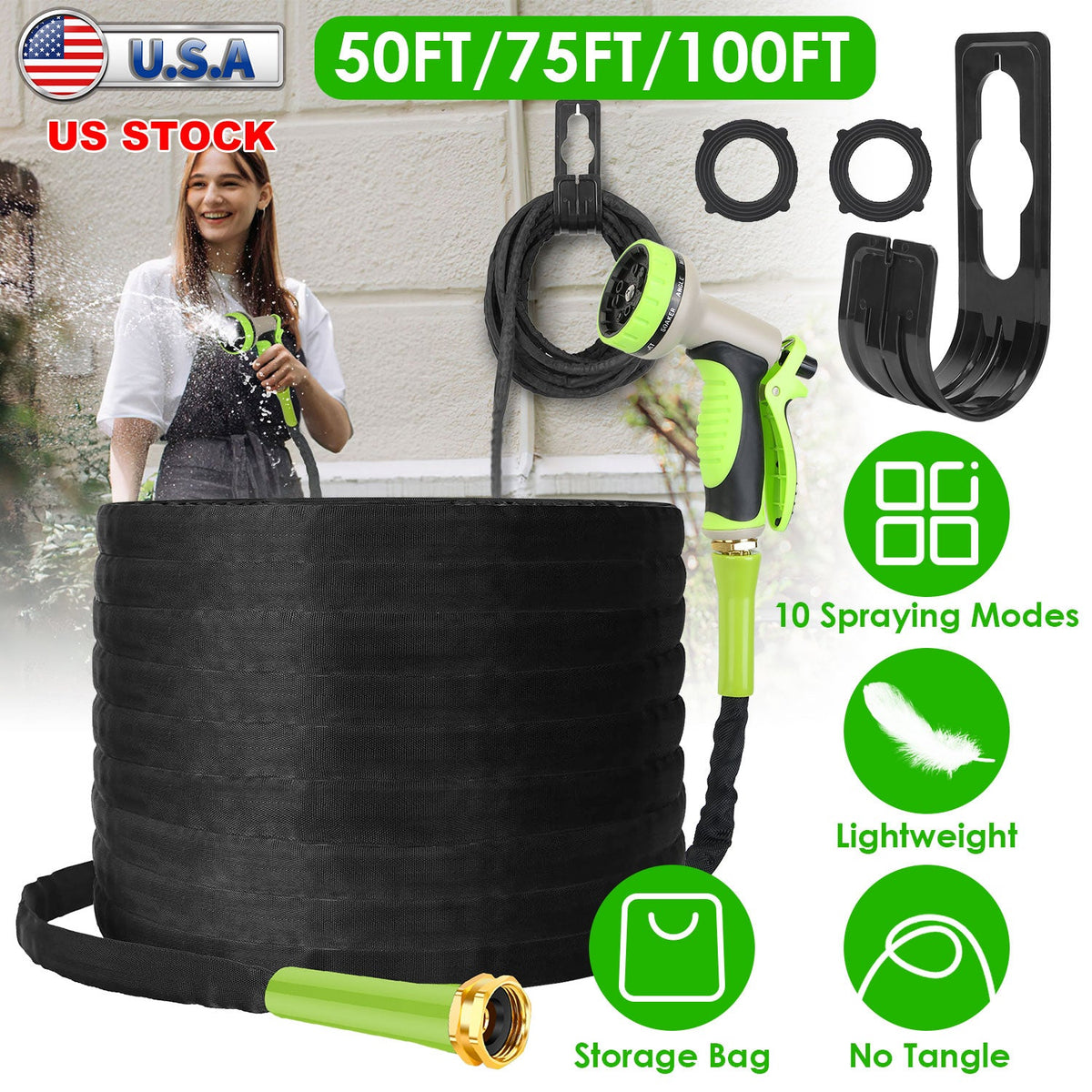 50FT Non-Expandable Garden Hose Kink-Free Lightweight Water Hose Lay Flat Garden Hose with 10 Patterns Hose Nozzle Storage Bag Hanging Hook for Outdoo