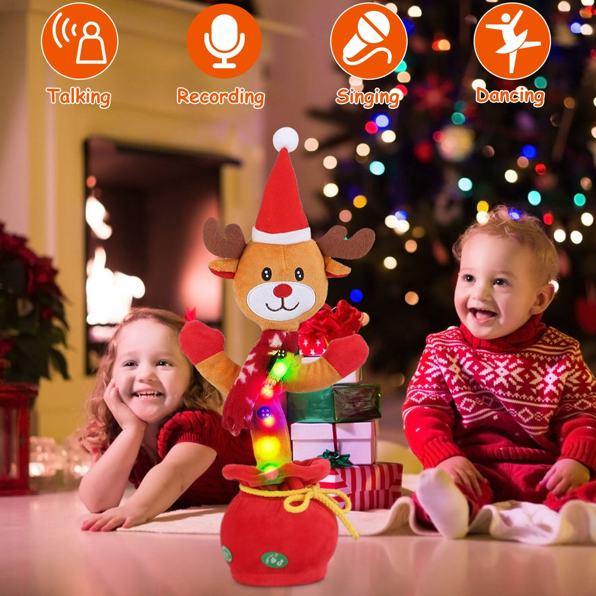 Kid Electric Dance Toy Christmas Elk Snowman Senior Penguin Plush Toy Interactive Sing Song Whirling Mimicking Recording Light up Toy