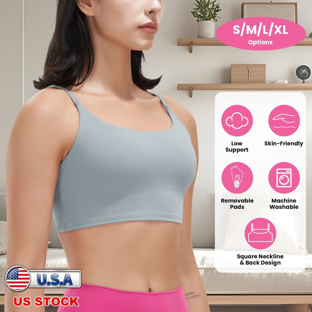 Women Strap Sport Bras Padded StrappyÊCrop Square Neck Low Impact Bras SexyÊFitnessÊTank Tops with Removable Pads Flat Straps for Gym Yoga Workout Run