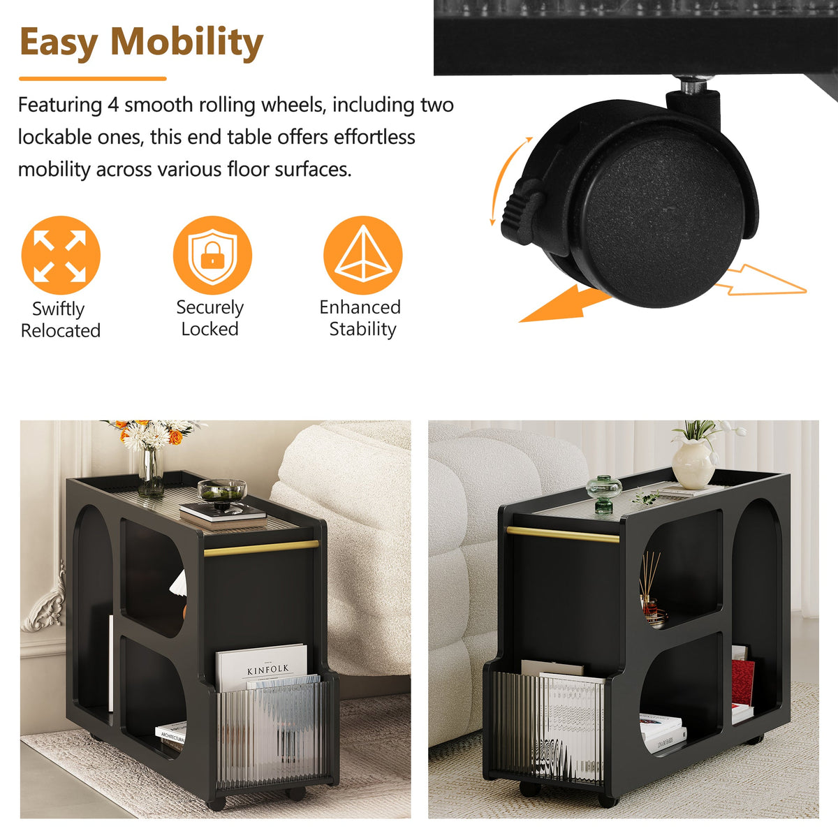 Stylish mobile desk with lockable wheels,bedside table with 5mm thick grooved tempered glass and gold round bars ，black