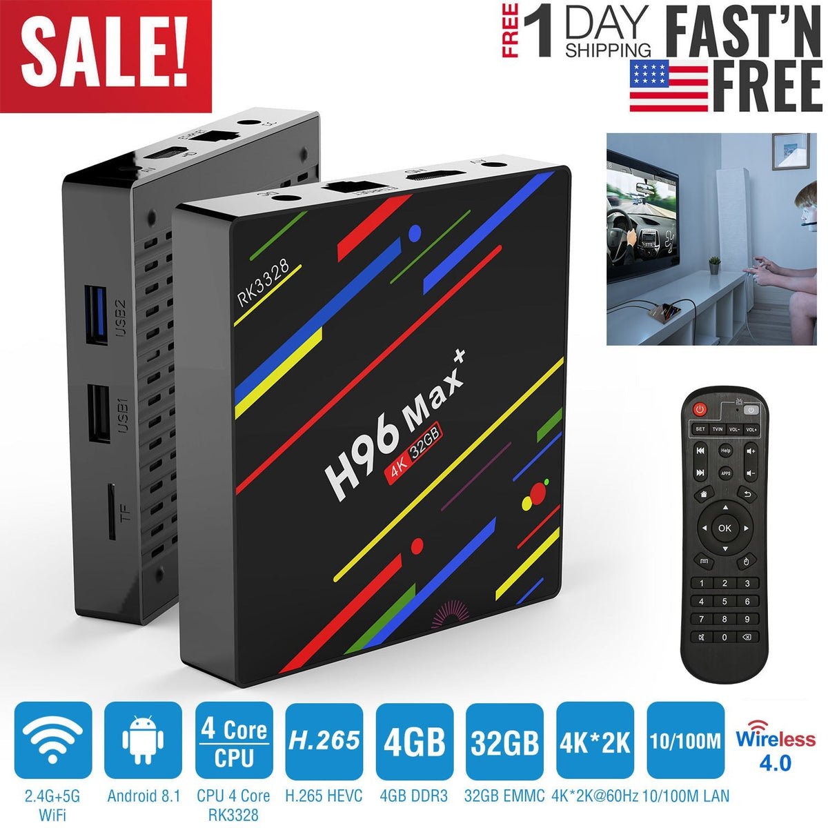 H96 Max+ Android 8.1 TV Box RK3328 Quad Core 4GB / 32GB UHD 4K VP9 H.265 WiFi_x000B__x000B_USB3.0 Smart Streaming Media Player US Plug