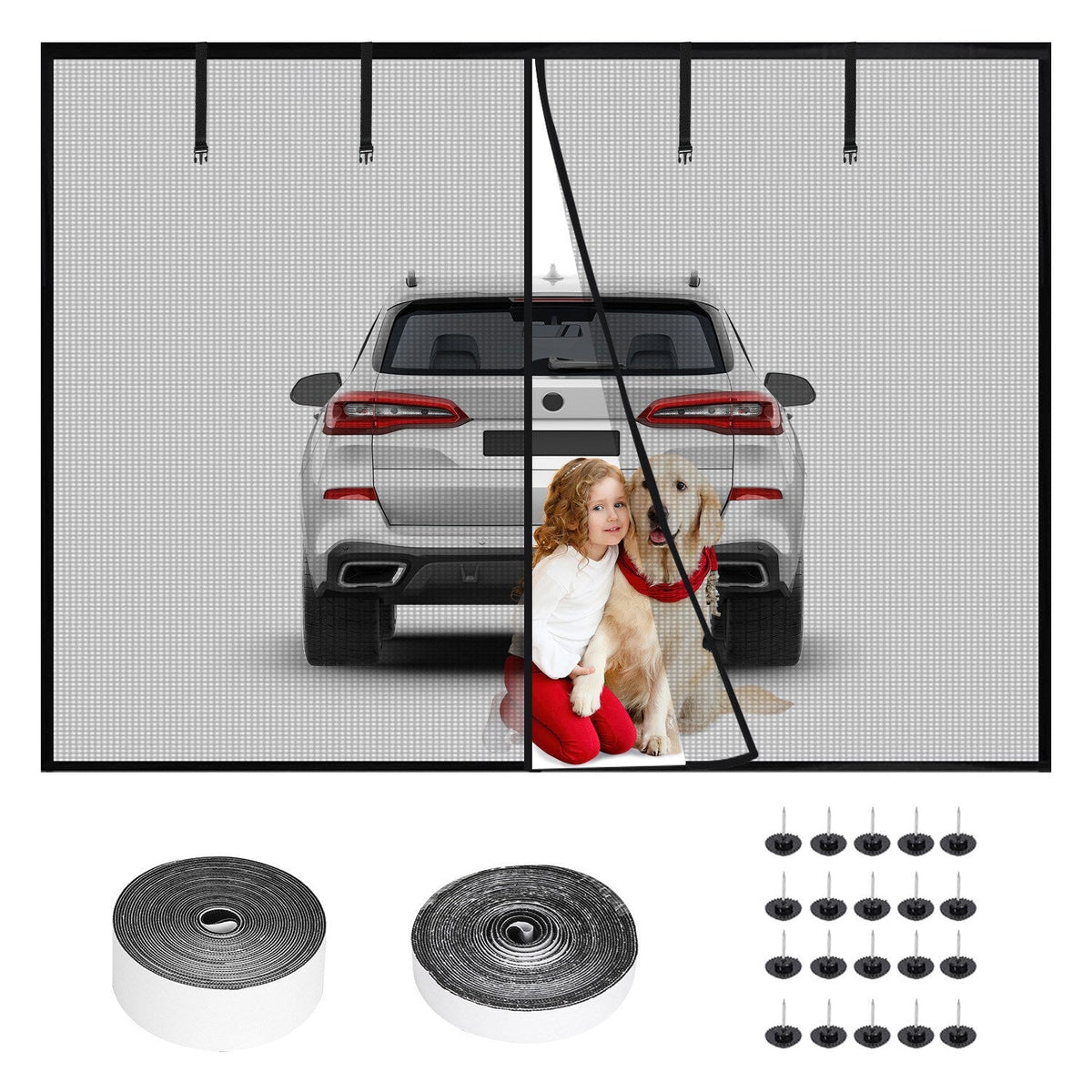 8x7FT Magnetic Garage Door Screen Single-Car Garage Screen Mesh Fiberglass Garage Net with Magnetic Closure 4 Buckle Straps for One Cars