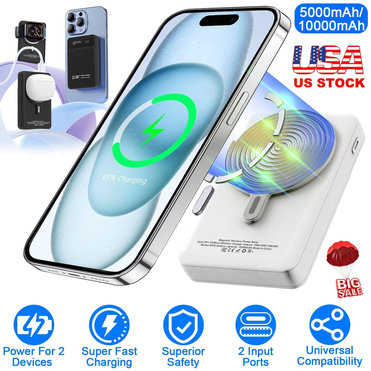5000mAh Magsafe 3 In 1 Portable Charger PD22.5W Magnetic Fast Charger Fast Charging Power Bank Fit For IOS Phone 15/14 Samsung Galaxy S24 And More