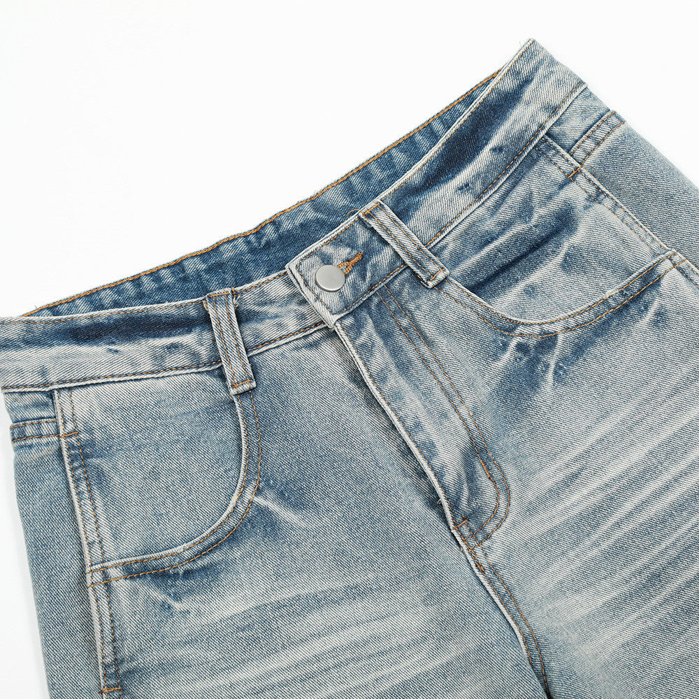 Punk Washed Gradient Wave Pattern Denim Pants Men's Loose Wide Leg Long Trousers Vibe Trendy Distressed Straight Leg Jeans